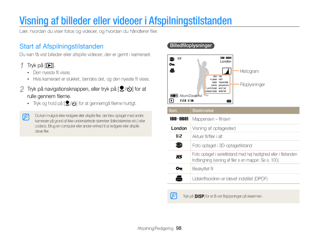 Samsung EC-WB850FBPBE2 manual Visning af billeder eller videoer i Afspilningstilstanden, Start af Afspilningstilstanden 