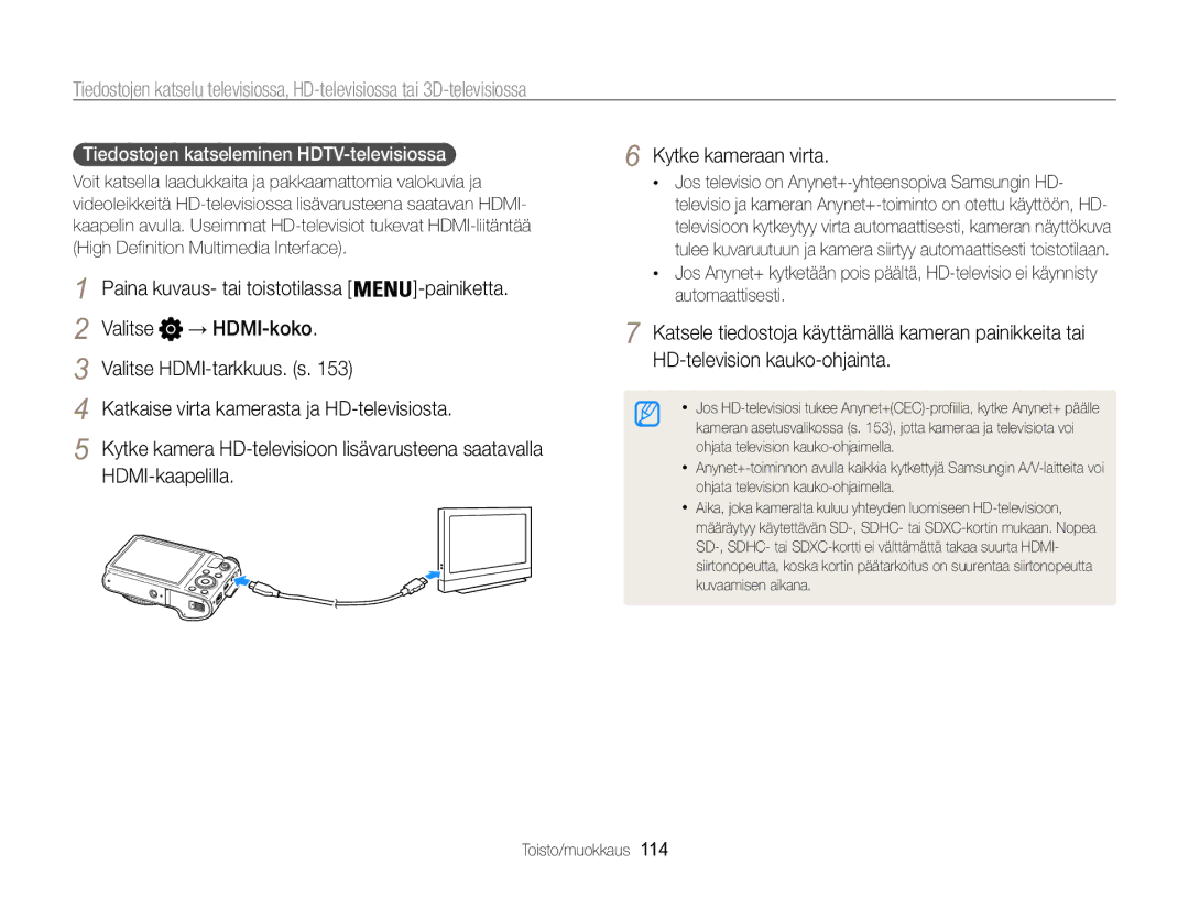 Samsung EC-WB850FBPBE2 manual HDMI-kaapelilla, Kytke kameraan virta, Tiedostojen katseleminen HDTV-televisiossa  