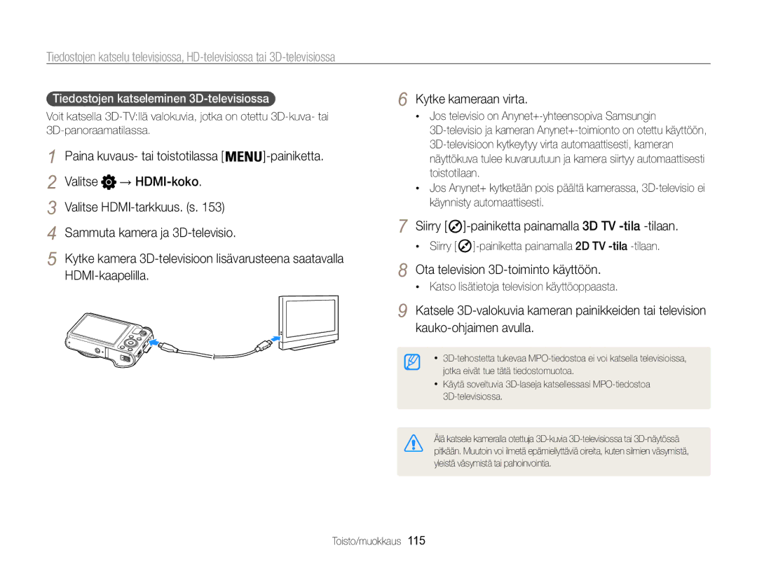 Samsung EC-WB850FBPBE2 manual Paina kuvaus- tai toistotilassa Painiketta, Valitse → HDMI-koko 