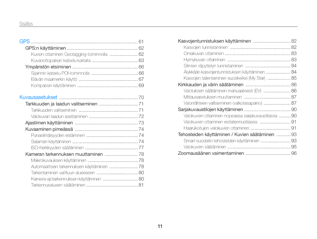 Samsung EC-WB850FBPBE2 manual Sisällys, Gps 