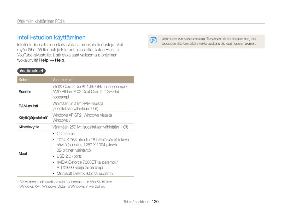 Samsung EC-WB850FBPBE2 manual Intelli-studion käyttäminen, Ohjelmien käyttäminen PCllä, Vaatimukset , Kohde Vaatimukset 