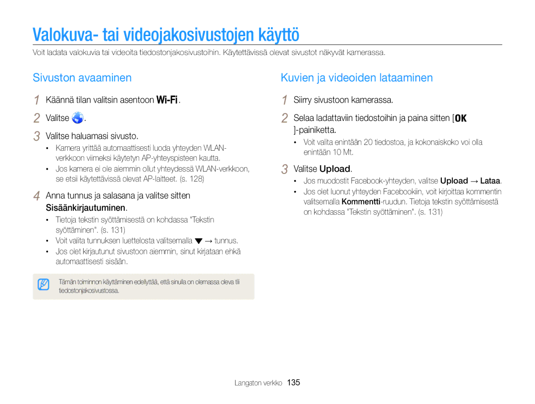 Samsung EC-WB850FBPBE2 manual Valokuva- tai videojakosivustojen käyttö, Sivuston avaaminen, Kuvien ja videoiden lataaminen 