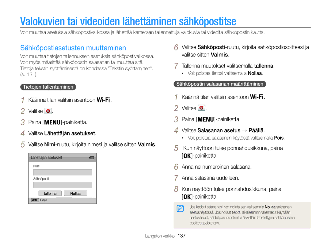 Samsung EC-WB850FBPBE2 manual Valokuvien tai videoiden lähettäminen sähköpostitse, Sähköpostiasetusten muuttaminen 