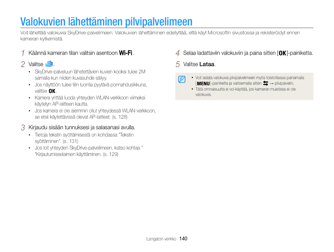 Samsung EC-WB850FBPBE2 manual Valokuvien lähettäminen pilvipalvelimeen, Käännä kameran tilan valitsin asentoon Valitse 