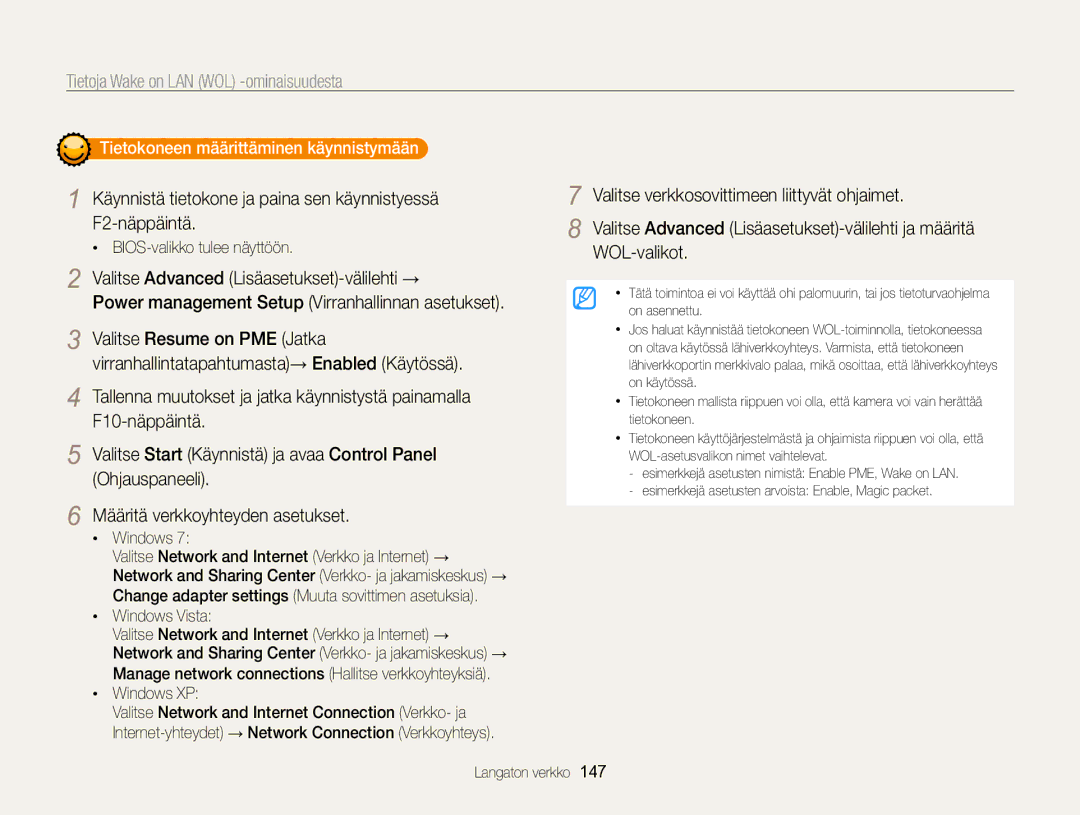 Samsung EC-WB850FBPBE2 manual Tietoja Wake on LAN WOL -ominaisuudesta 