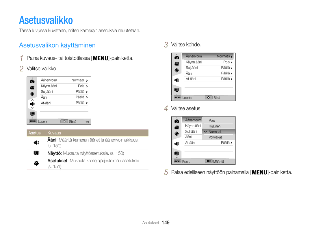 Samsung EC-WB850FBPBE2 manual Asetusvalikko, Asetusvalikon käyttäminen, Valitse kohde 