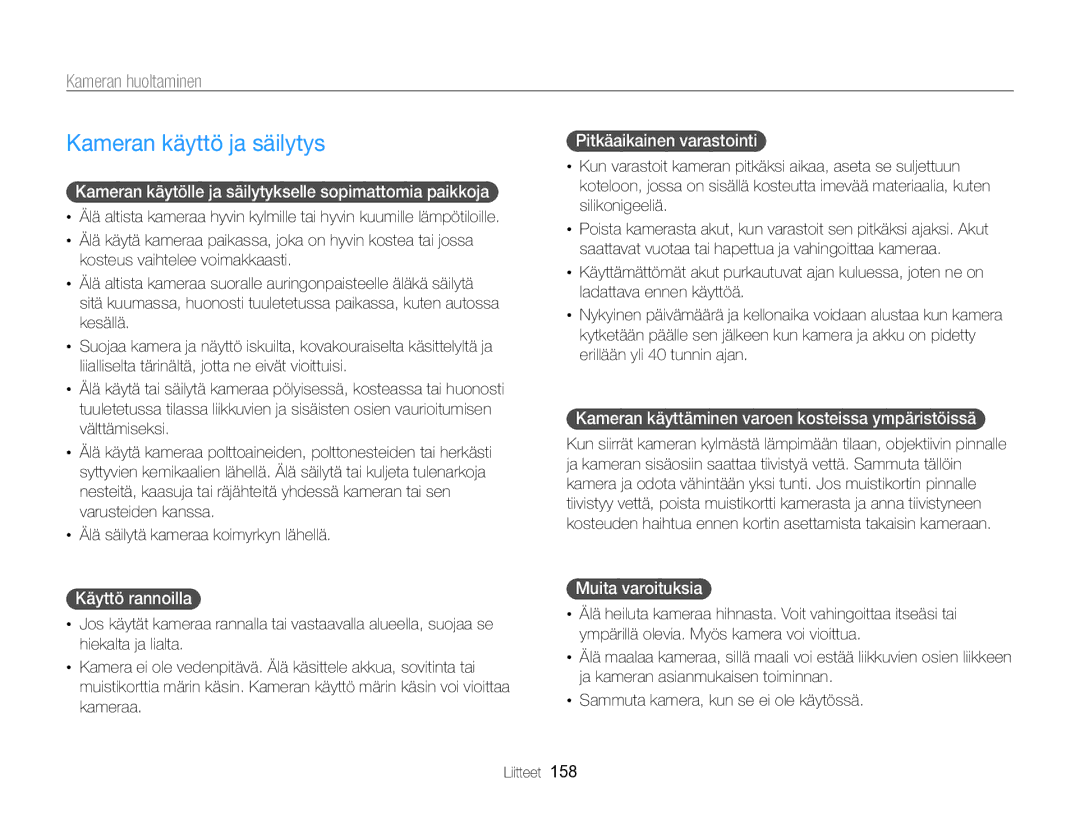 Samsung EC-WB850FBPBE2 manual Kameran käyttö ja säilytys, Kameran huoltaminen 