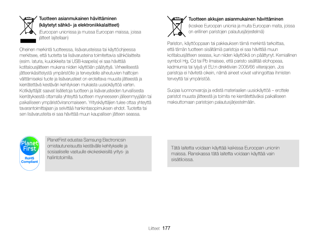 Samsung EC-WB850FBPBE2 manual Tuotteen akkujen asianmukainen hävittäminen 