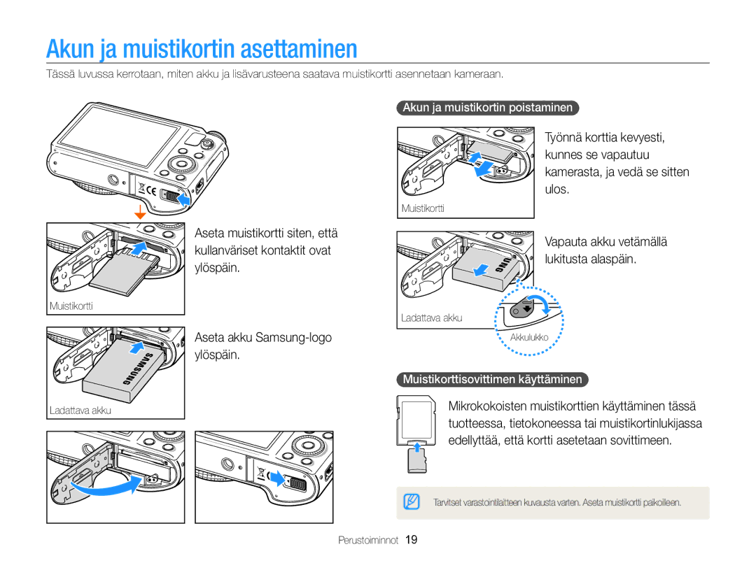 Samsung EC-WB850FBPBE2 Akun ja muistikortin asettaminen, Ylöspäin, Lukitusta alaspäin, Akun ja muistikortin poistaminen  