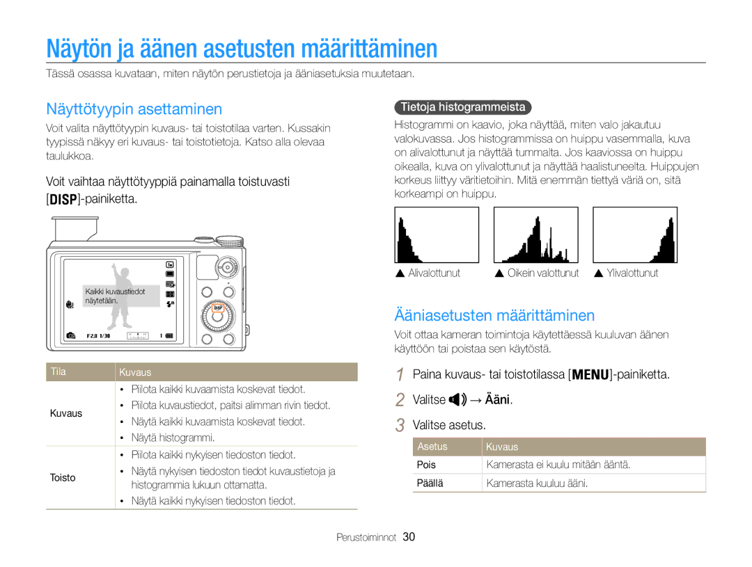 Samsung EC-WB850FBPBE2 Näytön ja äänen asetusten määrittäminen, Näyttötyypin asettaminen, Ääniasetusten määrittäminen 