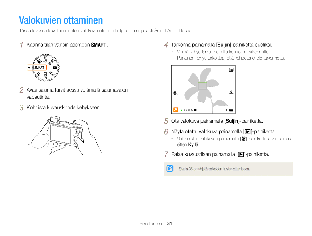 Samsung EC-WB850FBPBE2 manual Valokuvien ottaminen, Tarkenna painamalla Suljin-painiketta puoliksi 