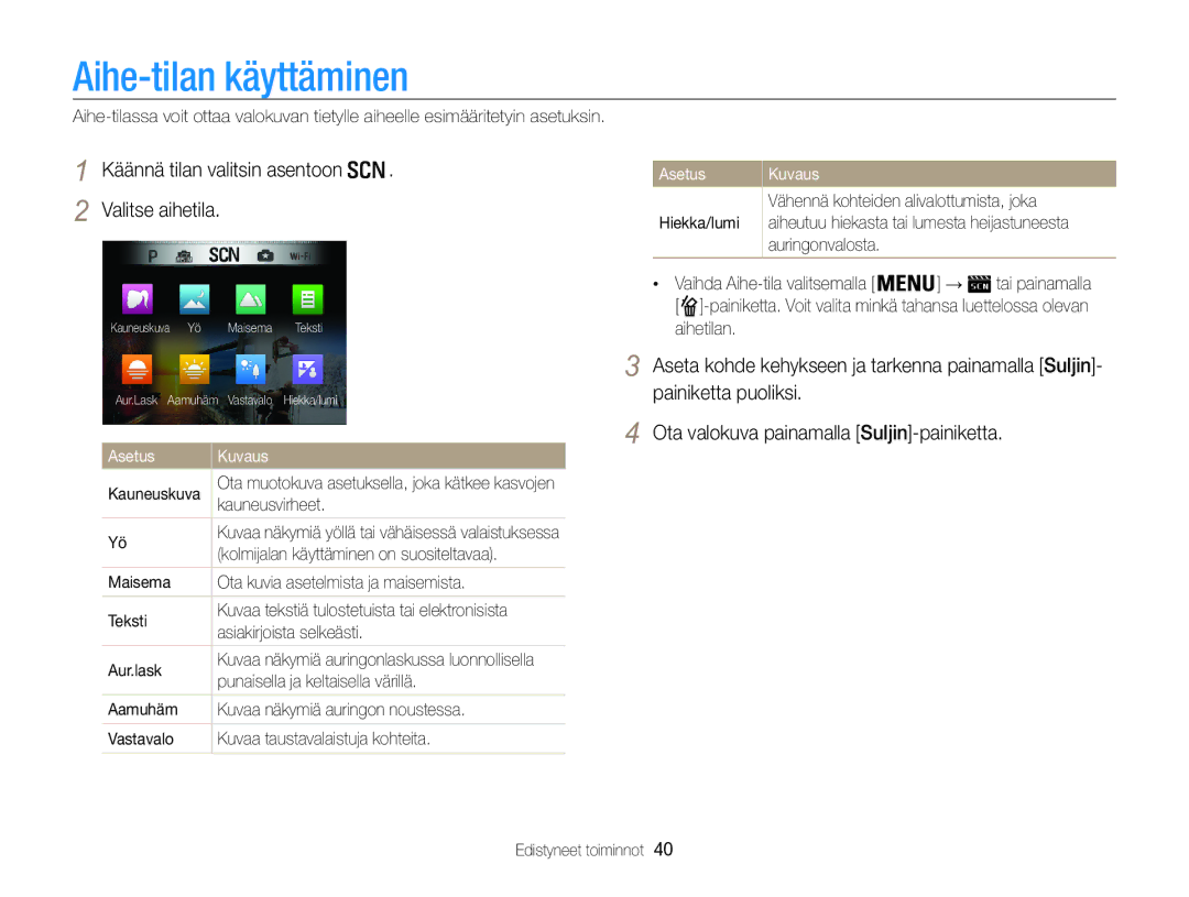 Samsung EC-WB850FBPBE2 manual Aihe-tilan käyttäminen, Valitse aihetila 