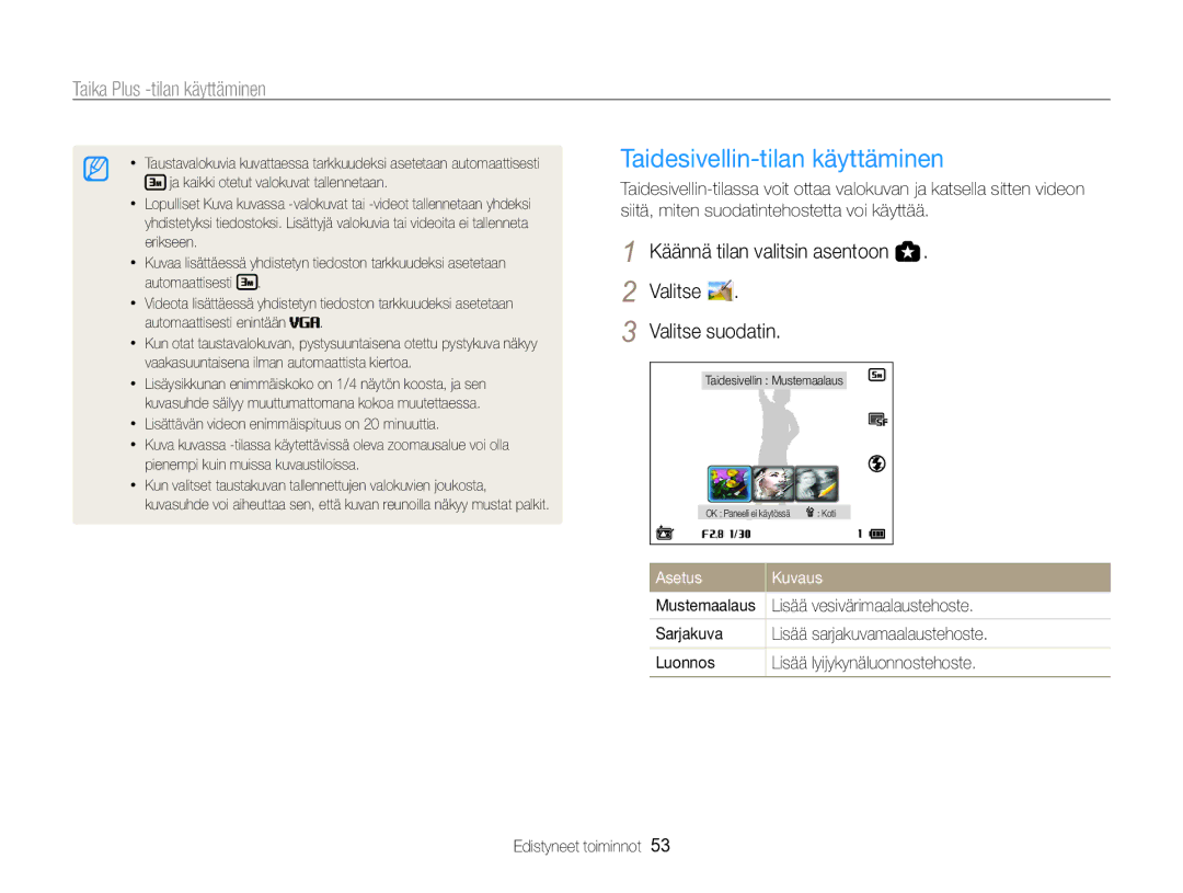 Samsung EC-WB850FBPBE2 manual Taidesivellin-tilan käyttäminen, Valitse Valitse suodatin, Lisää vesivärimaalaustehoste 