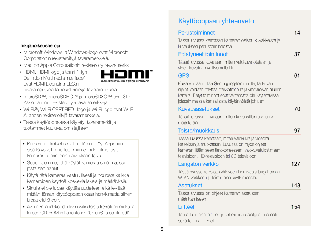 Samsung EC-WB850FBPBE2 manual Käyttöoppaan yhteenveto, 127, 148, 154 