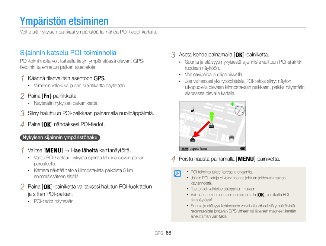 Samsung EC-WB850FBPBE2 manual Ympäristön etsiminen, Sijainnin katselu POI-toiminnolla 