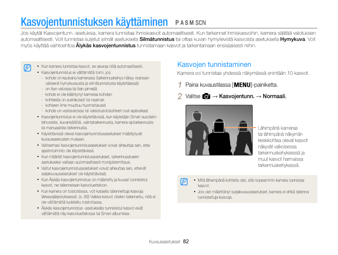 Samsung EC-WB850FBPBE2 Kasvojentunnistuksen käyttäminen, Kasvojen tunnistaminen, Paina kuvaustilassa Painiketta Valitse 