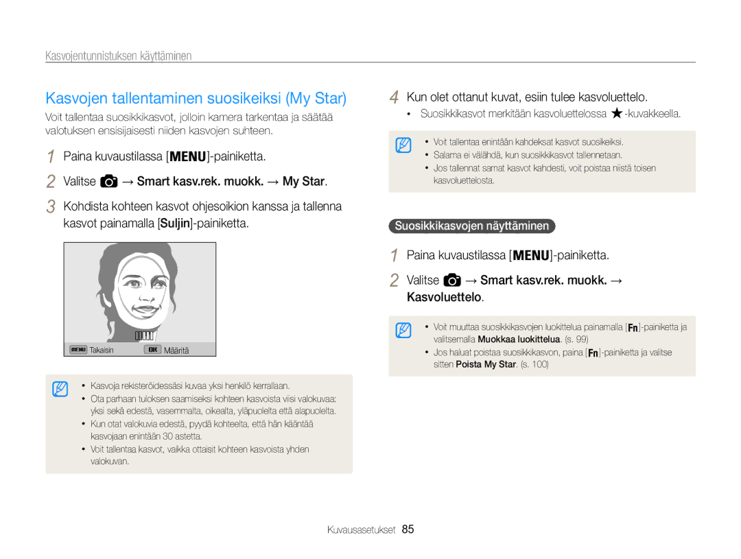 Samsung EC-WB850FBPBE2 manual Kasvojen tallentaminen suosikeiksi My Star, Kasvot painamalla Suljin-painiketta 