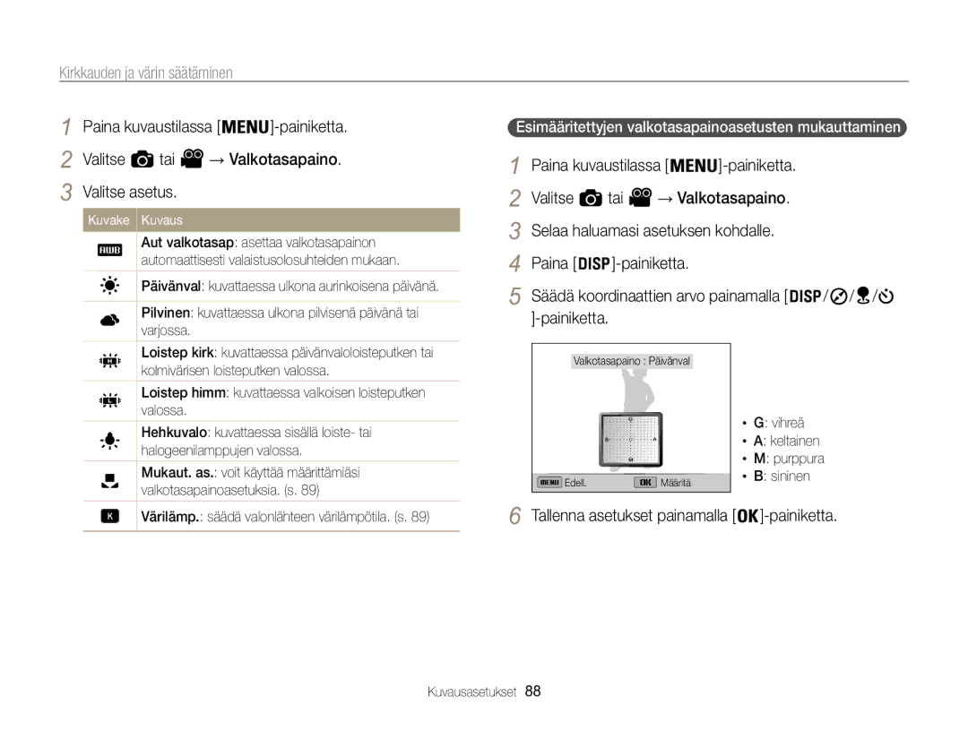 Samsung EC-WB850FBPBE2 manual Valitse Tai, Paina Painiketta, → Valkotasapaino 