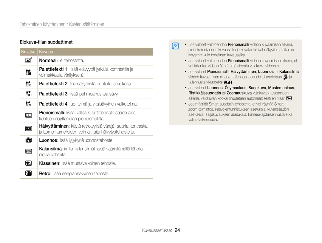 Samsung EC-WB850FBPBE2 manual Tehosteiden käyttäminen / Kuvien säätäminen, Elokuva-tilan suodattimet 