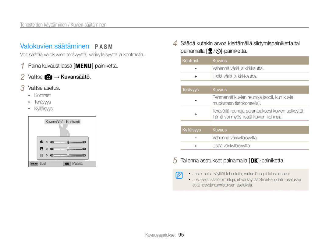 Samsung EC-WB850FBPBE2 manual Valokuvien säätäminen, Kontrasti Terävyys Kylläisyys, Kontrasti Kuvaus 