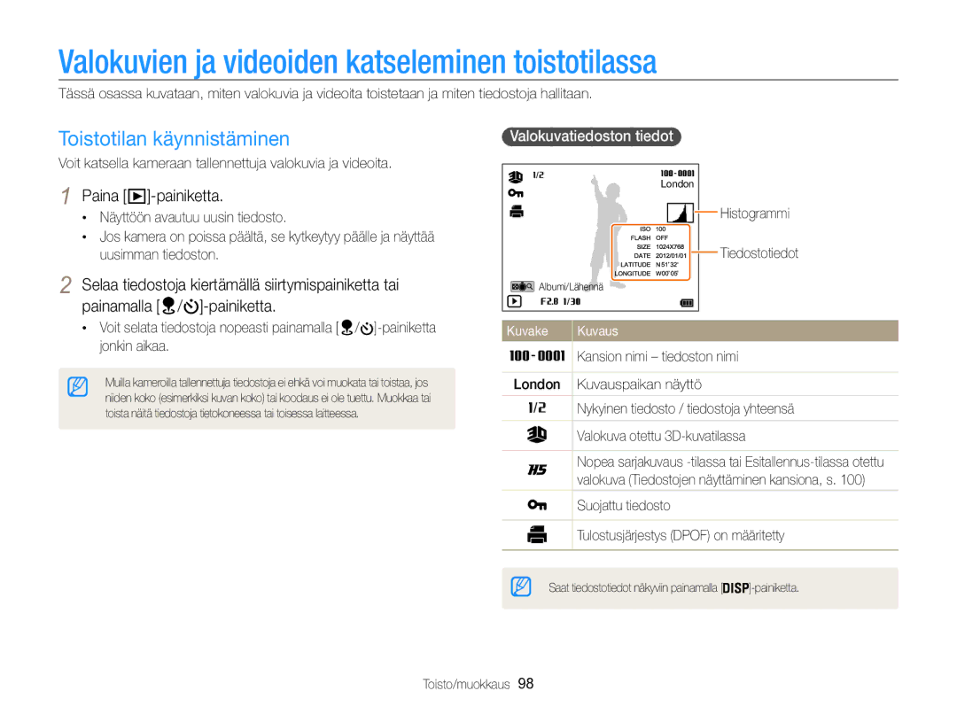 Samsung EC-WB850FBPBE2 manual Valokuvien ja videoiden katseleminen toistotilassa, Toistotilan käynnistäminen 