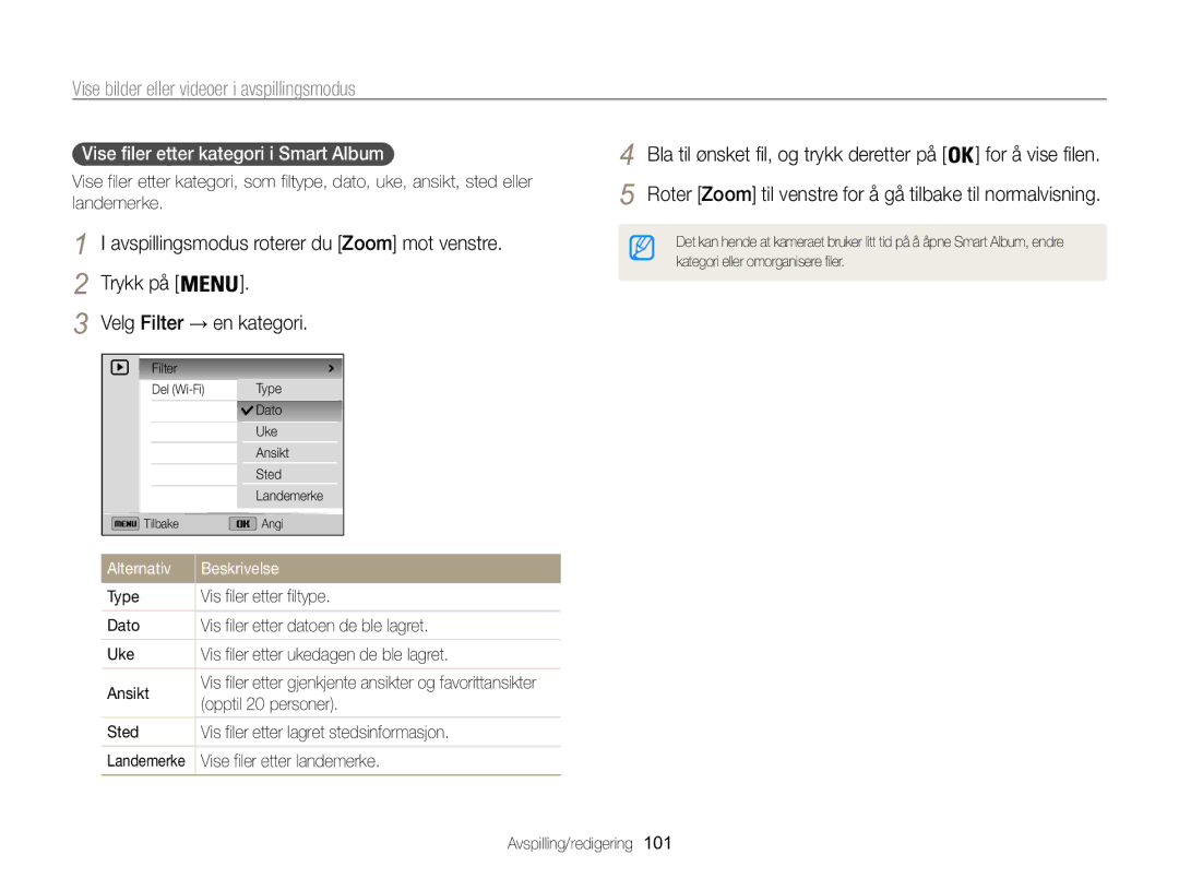 Samsung EC-WB850FBPBE2 manual Vise filer etter kategori i Smart Album , Opptil 20 personer, Vise filer etter landemerke 