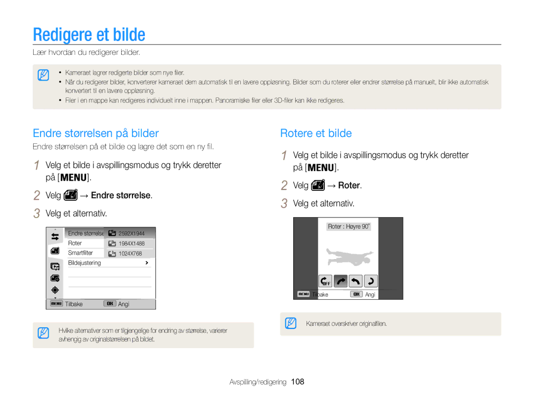 Samsung EC-WB850FBPBE2 Redigere et bilde, Endre størrelsen på bilder, Rotere et bilde, Lær hvordan du redigerer bilder 