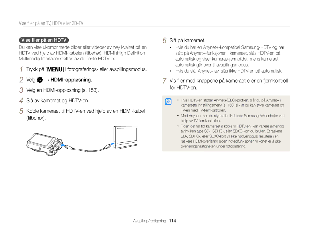 Samsung EC-WB850FBPBE2 manual Vise filer på en TV, Hdtv eller 3D-TV, Vise filer på en HDTV  