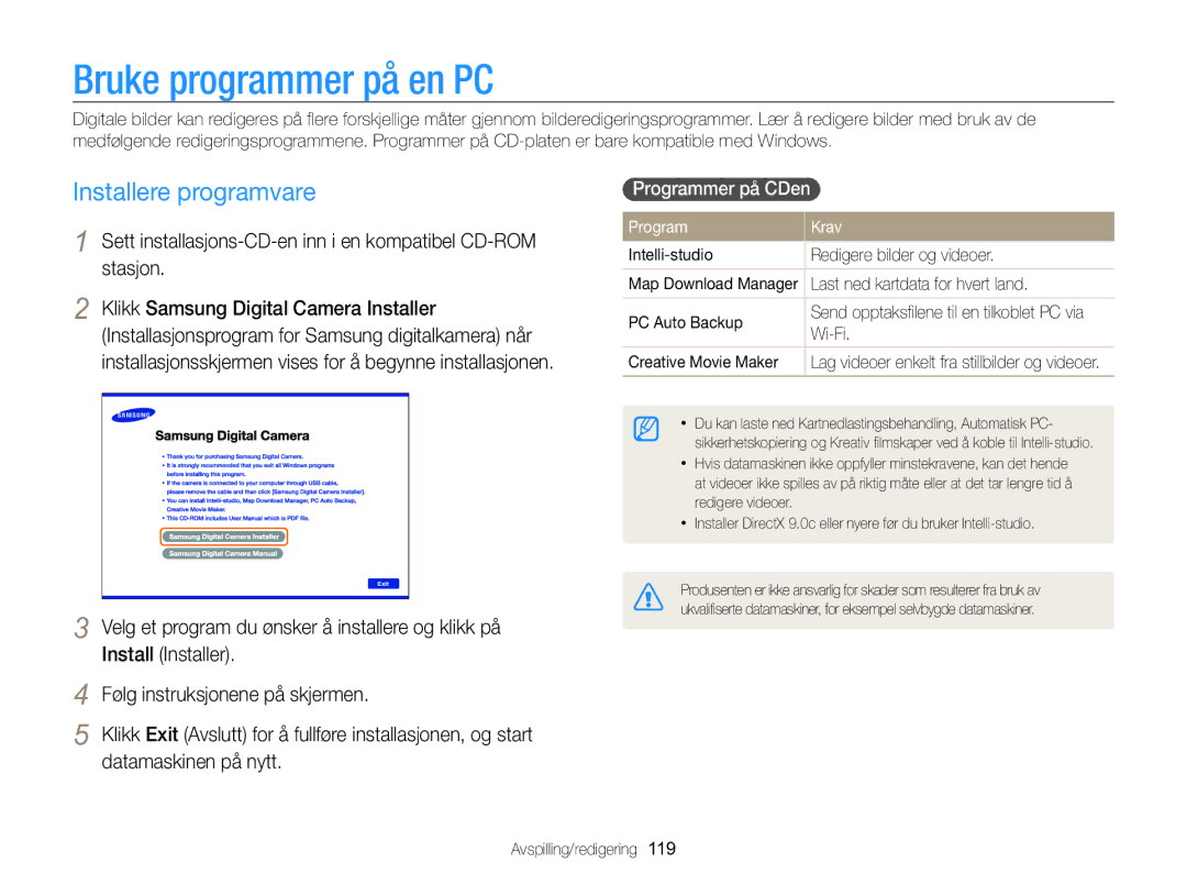 Samsung EC-WB850FBPBE2 manual Bruke programmer på en PC, Installere programvare, Programmer på CDen , Program Krav 