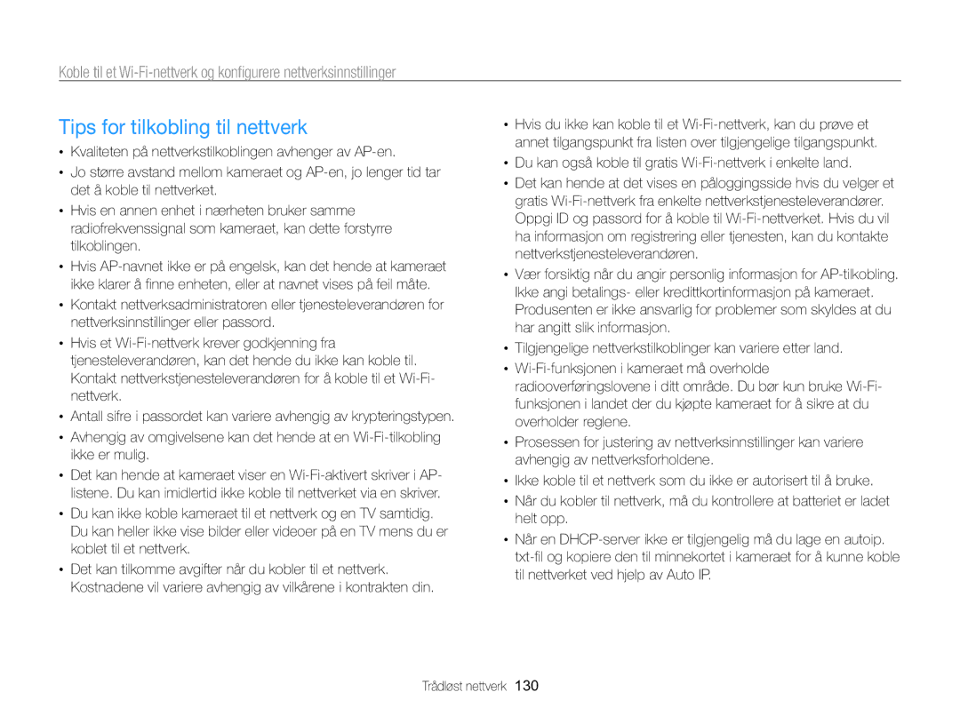 Samsung EC-WB850FBPBE2 manual Tips for tilkobling til nettverk, Du kan også koble til gratis Wi-Fi-nettverk i enkelte land 