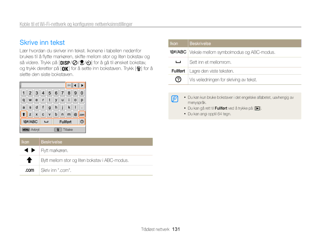 Samsung EC-WB850FBPBE2 manual Skrive inn tekst, Ikon Beskrivelse 