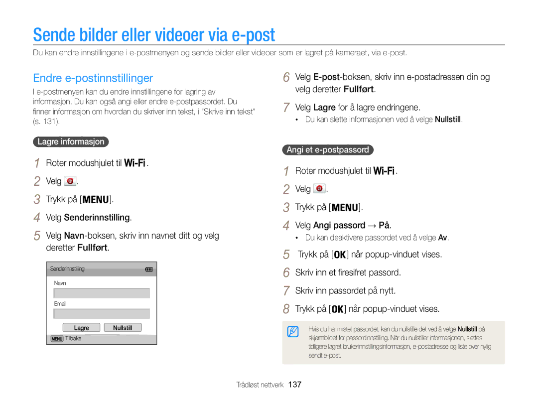 Samsung EC-WB850FBPBE2 manual Sende bilder eller videoer via e-post, Endre e-postinnstillinger, Lagre informasjon 