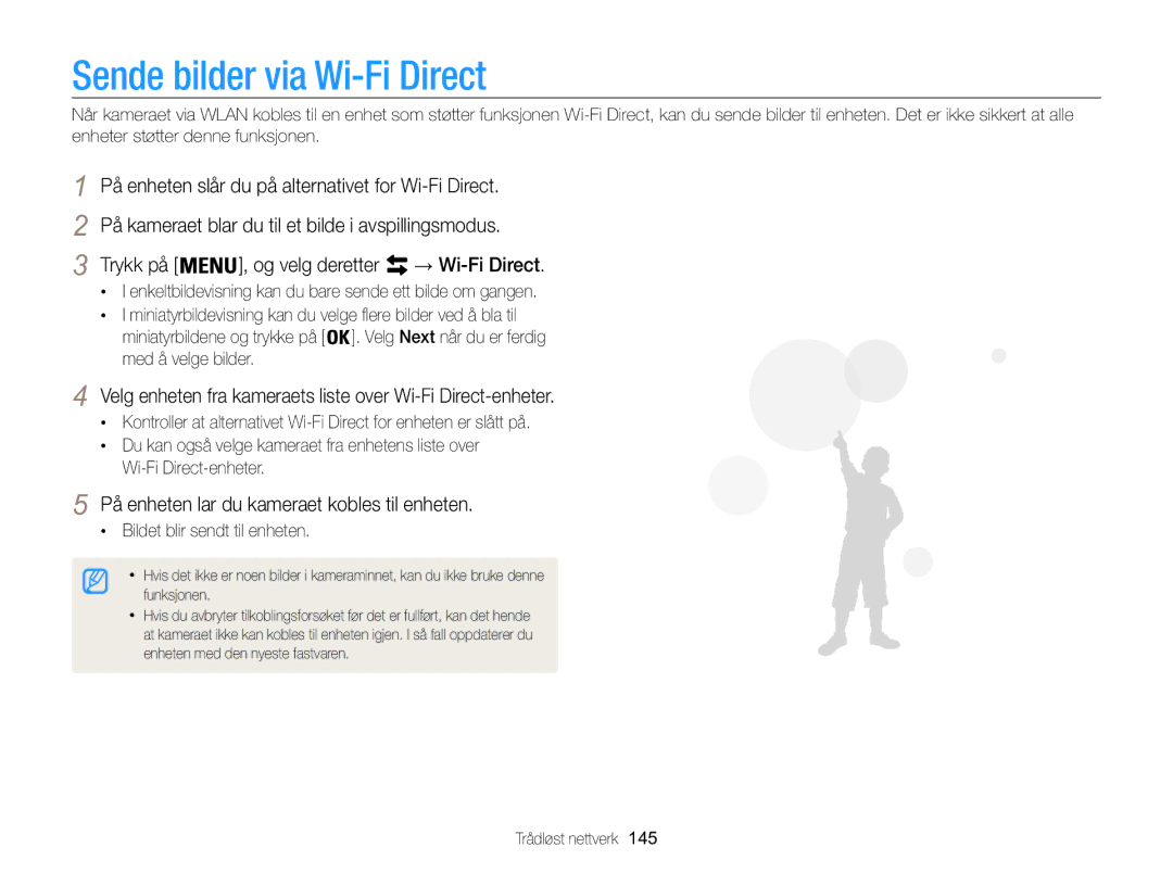 Samsung EC-WB850FBPBE2 manual Sende bilder via Wi-Fi Direct, Velg enheten fra kameraets liste over Wi-Fi Direct-enheter 