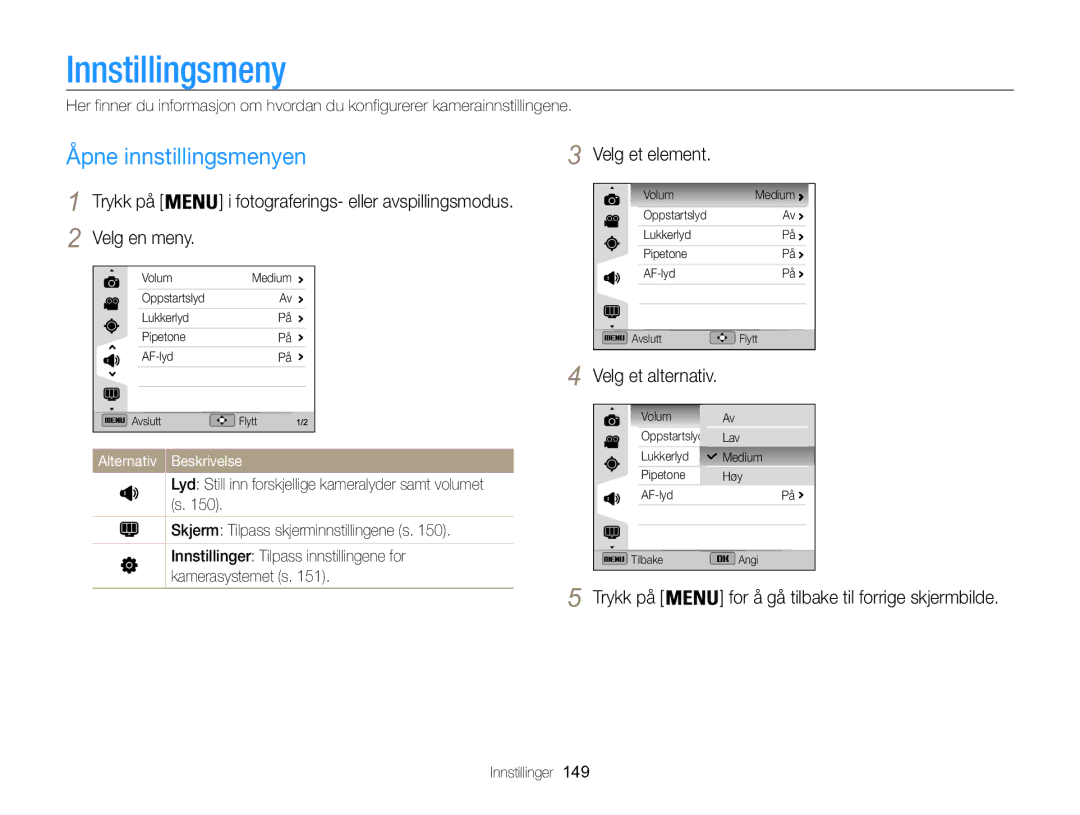 Samsung EC-WB850FBPBE2 manual Innstillingsmeny, Åpne innstillingsmenyen, Velg en meny, Velg et element 