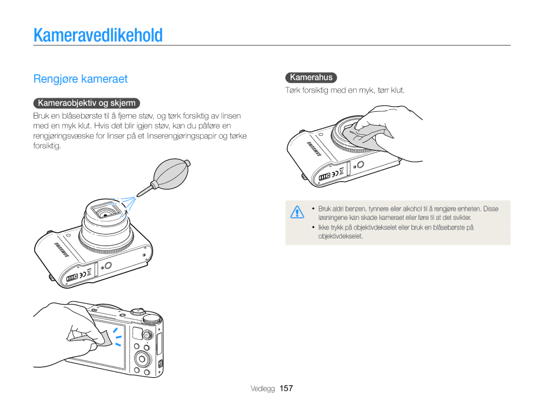 Samsung EC-WB850FBPBE2 manual Kameravedlikehold, Rengjøre kameraet, Kameraobjektiv og skjerm , Kamerahus  