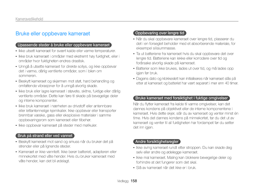 Samsung EC-WB850FBPBE2 manual Bruke eller oppbevare kameraet, Kameravedlikehold 