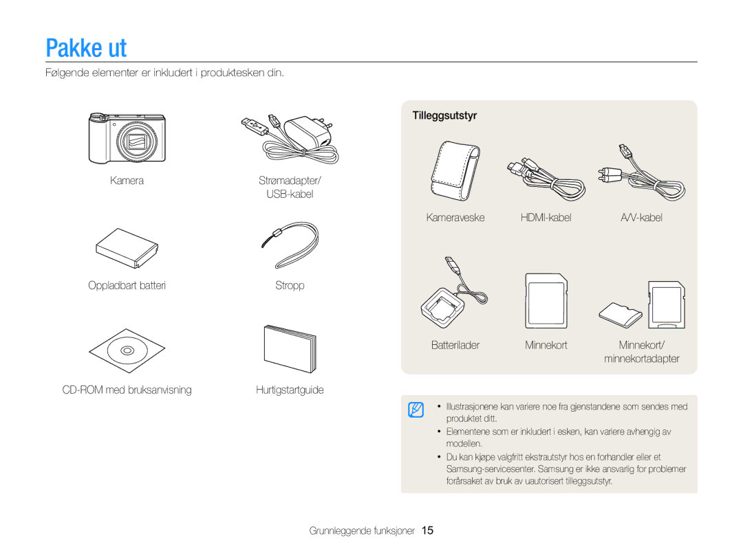 Samsung EC-WB850FBPBE2 manual Pakke ut, Kameraveske HDMI-kabel, Oppladbart batteri, CD-ROM med bruksanvisning 