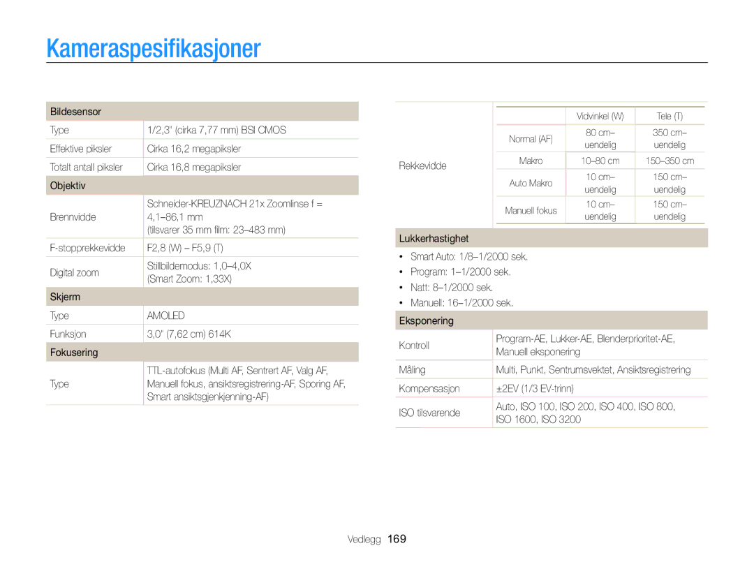 Samsung EC-WB850FBPBE2 manual Kameraspesifikasjoner 