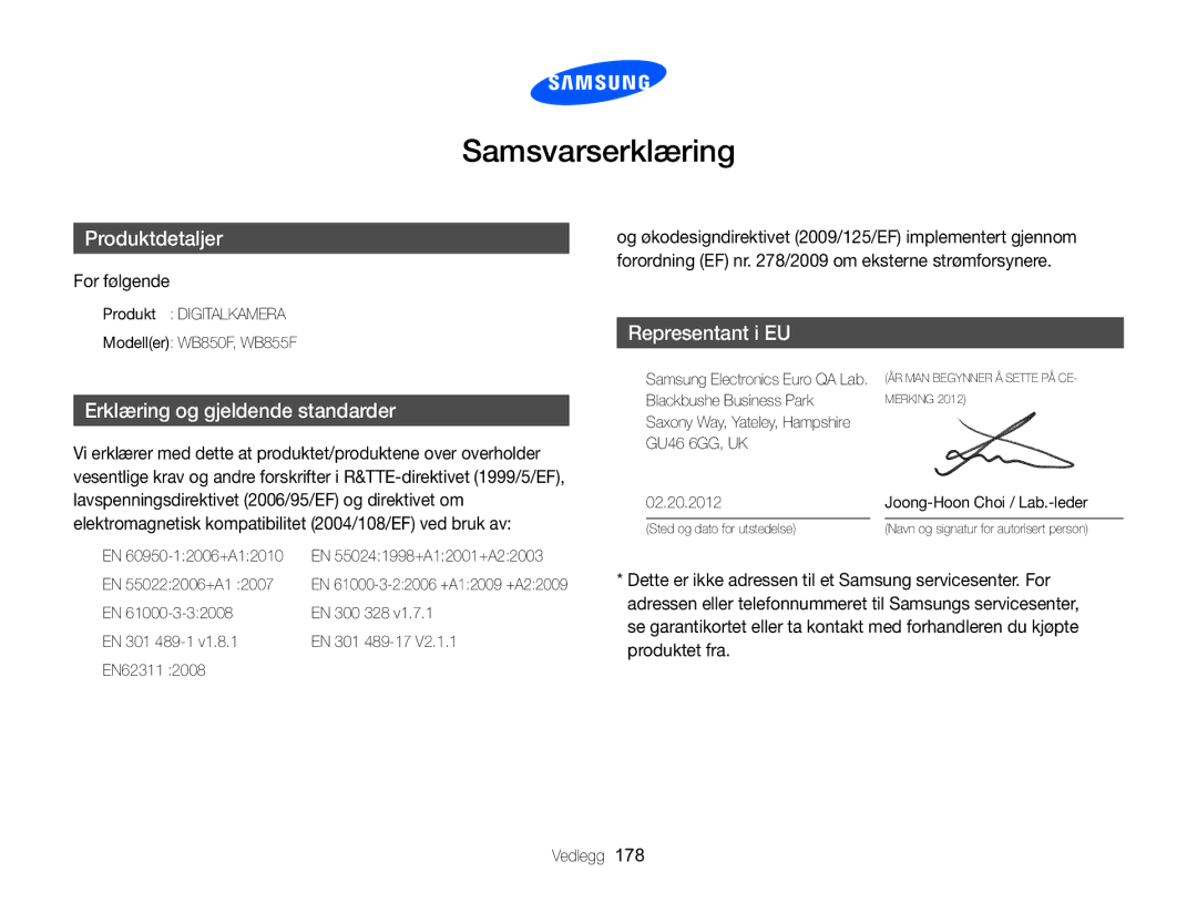 Samsung EC-WB850FBPBE2 manual Samsvarserklæring, For følgende 