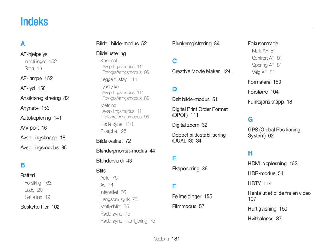 Samsung EC-WB850FBPBE2 manual Indeks 