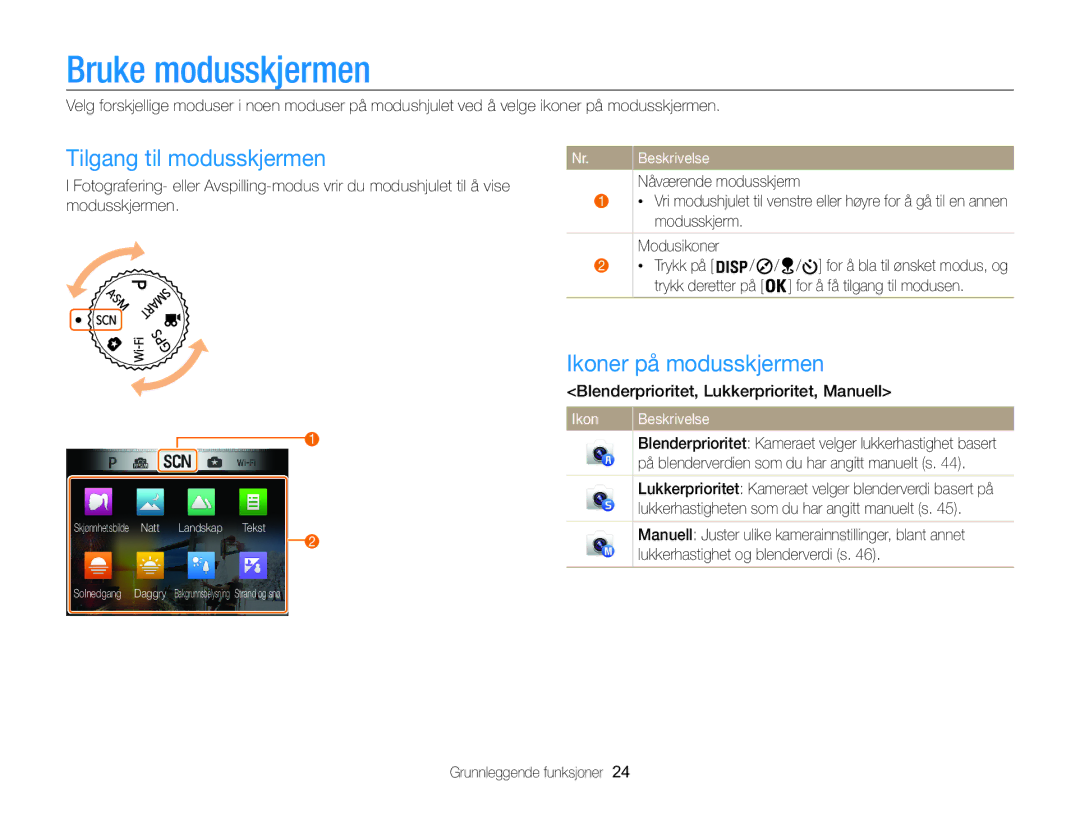 Samsung EC-WB850FBPBE2 manual Bruke modusskjermen, Tilgang til modusskjermen, Ikoner på modusskjermen 