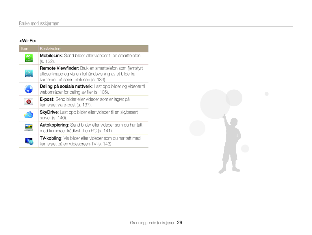 Samsung EC-WB850FBPBE2 manual Wi-Fi, MobileLink Send bilder eller videoer til en smarttelefon s 