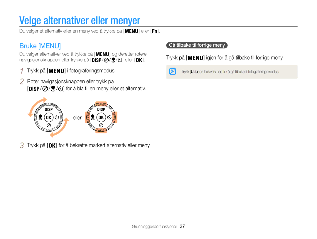 Samsung EC-WB850FBPBE2 manual Velge alternativer eller menyer, Bruke Menu, Trykk på igjen for å gå tilbake til forrige meny 