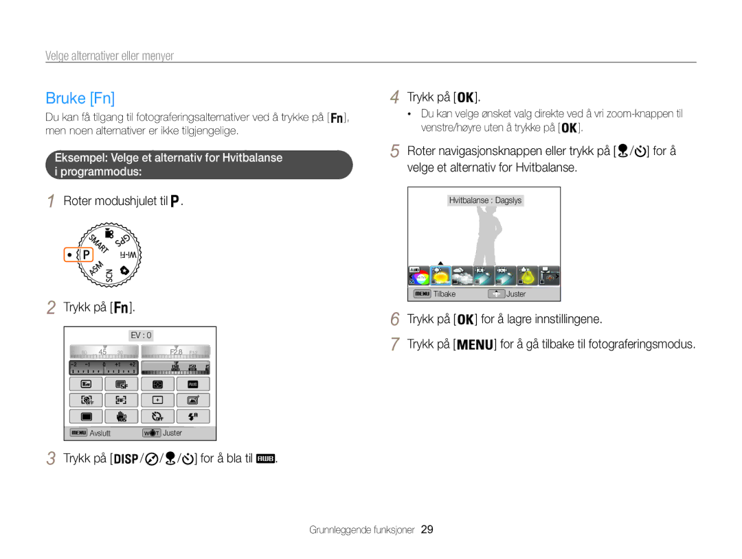 Samsung EC-WB850FBPBE2 manual Bruke Fn, Velge alternativer eller menyer, Trykk på For å bla til 