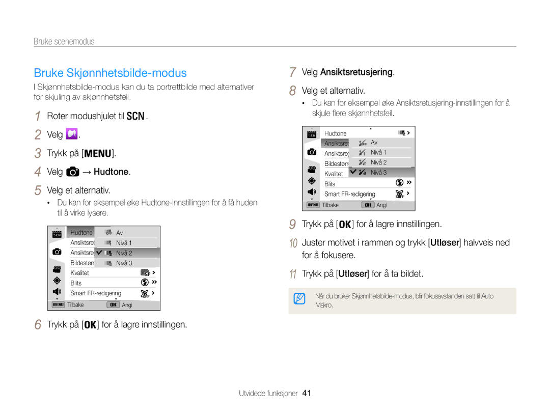 Samsung EC-WB850FBPBE2 manual Bruke Skjønnhetsbilde-modus, Bruke scenemodus, Velg Ansiktsretusjering Velg et alternativ 