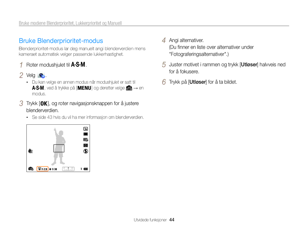 Samsung EC-WB850FBPBE2 manual Bruke Blenderprioritet-modus, Bruke modiene Blenderprioritet, Lukkerprioritet og Manuell 