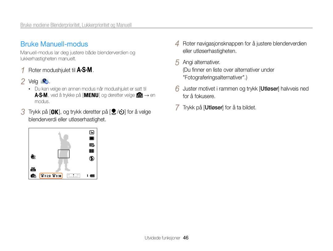 Samsung EC-WB850FBPBE2 manual Bruke Manuell-modus 