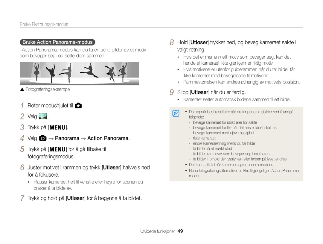 Samsung EC-WB850FBPBE2 manual Trykk og hold på Utløser for å begynne å ta bildet, Bruke Action Panorama-modus 