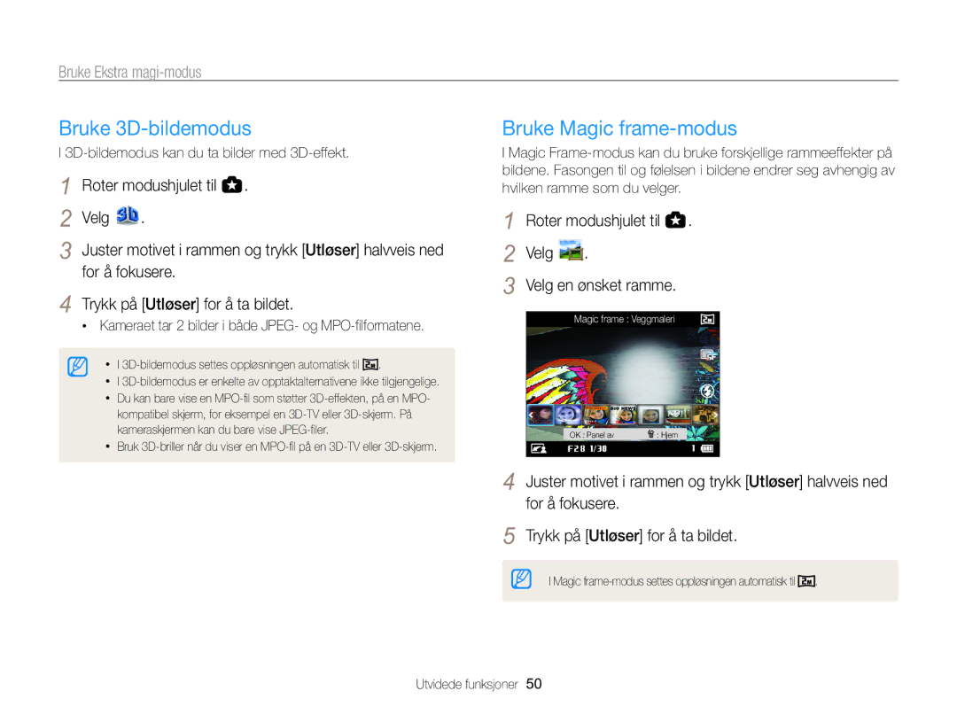Samsung EC-WB850FBPBE2 manual Bruke 3D-bildemodus, Bruke Magic frame-modus, Roter modushjulet til Velg Velg en ønsket ramme 