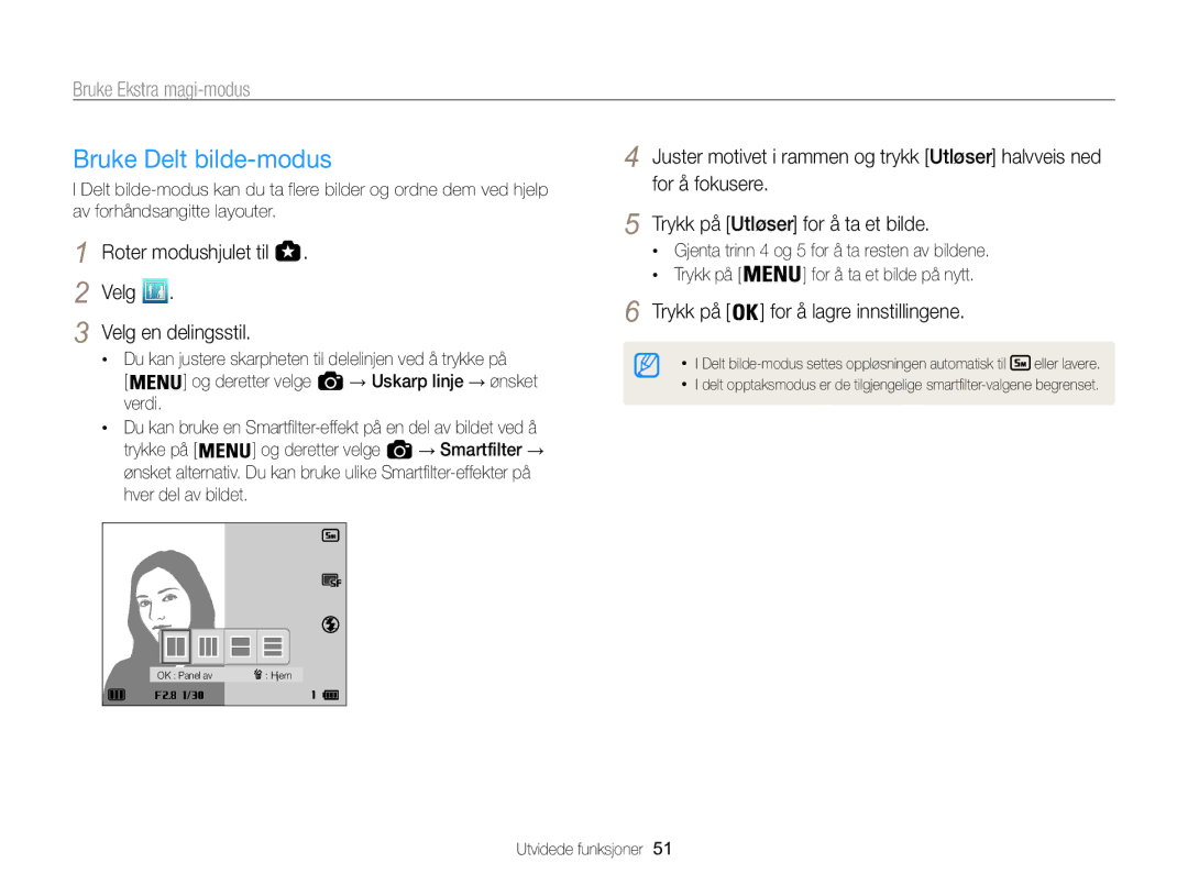 Samsung EC-WB850FBPBE2 manual Bruke Delt bilde-modus, Roter modushjulet til Velg Velg en delingsstil 